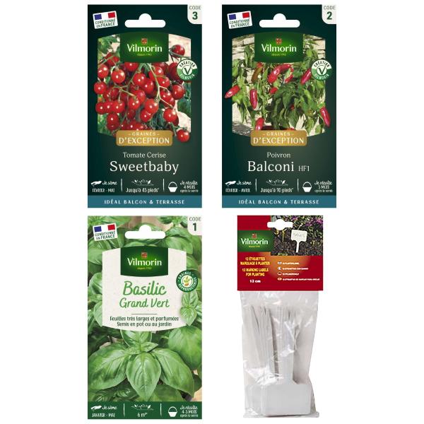 Kit de jardinage - Kit semis spécial balcon + 12 étiquettes de marquage offertes - face recto